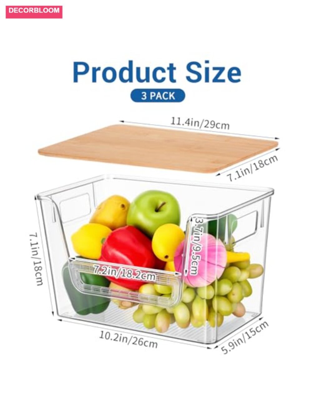 3 Set Pantry Organizers Storage Bamboo Lids Stackable Clear Plastic Bins - Picture 2 of 6